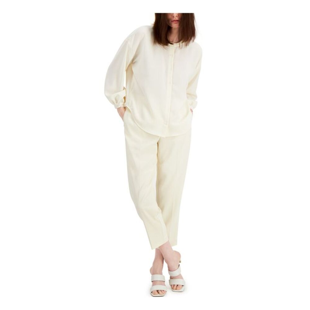 ALFANI Womens White Drop Shoulder Dolman Sleeve Crew Neck Button Up Top M